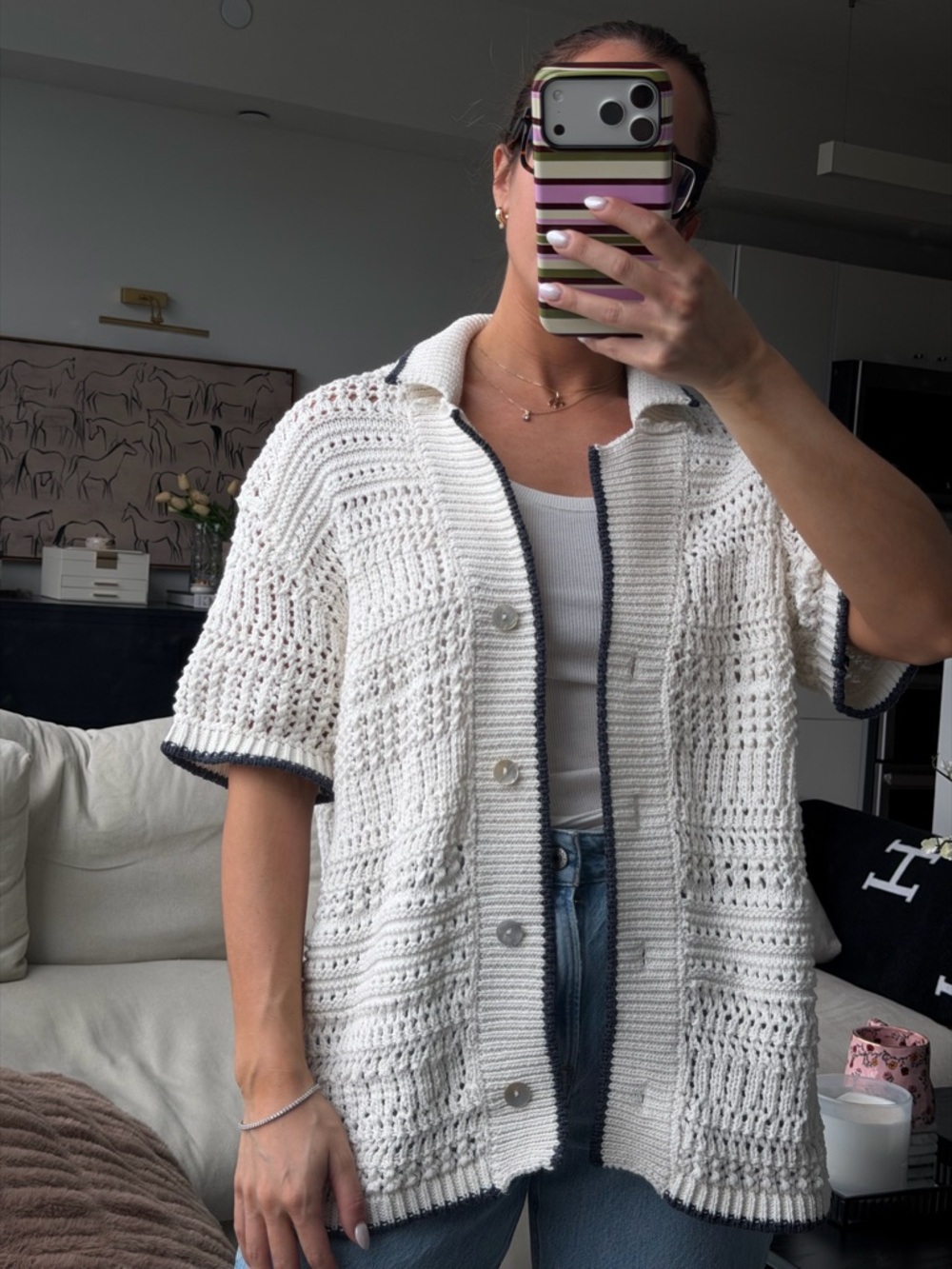 Zara Cream Open-Knit Short Sleeve Cardigan with Navy Trim